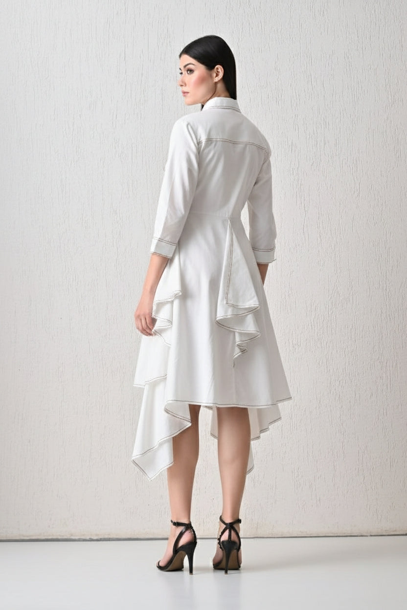 Contrast-Trimmed Multi-Tier Dress White