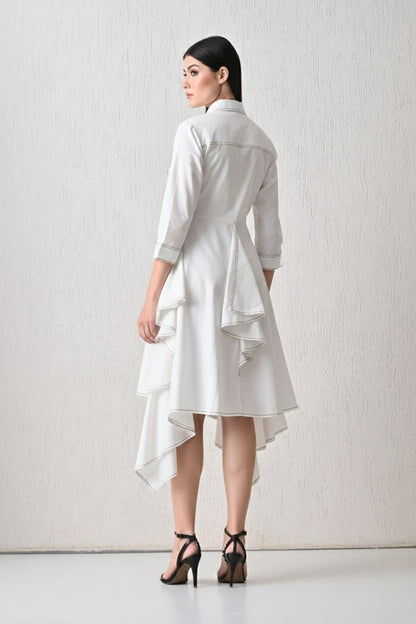 Contrast-Trimmed Multi-Tier Dress White