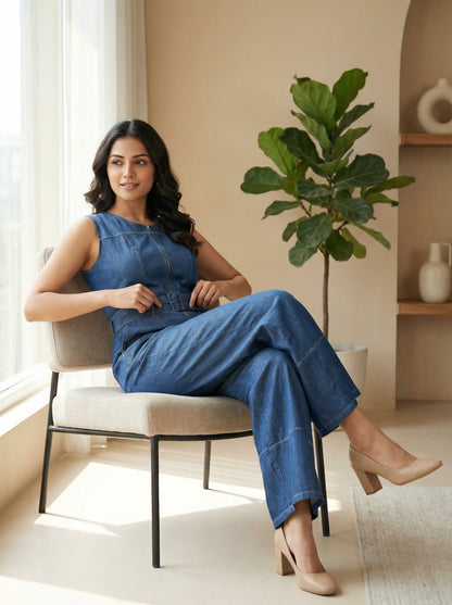 Sleek Utility Denim Jumpsuit – Indigo Wash