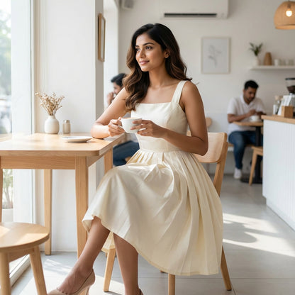 Timeless Elegance Ivory Pleated Midi Short Dress | Cool Bee