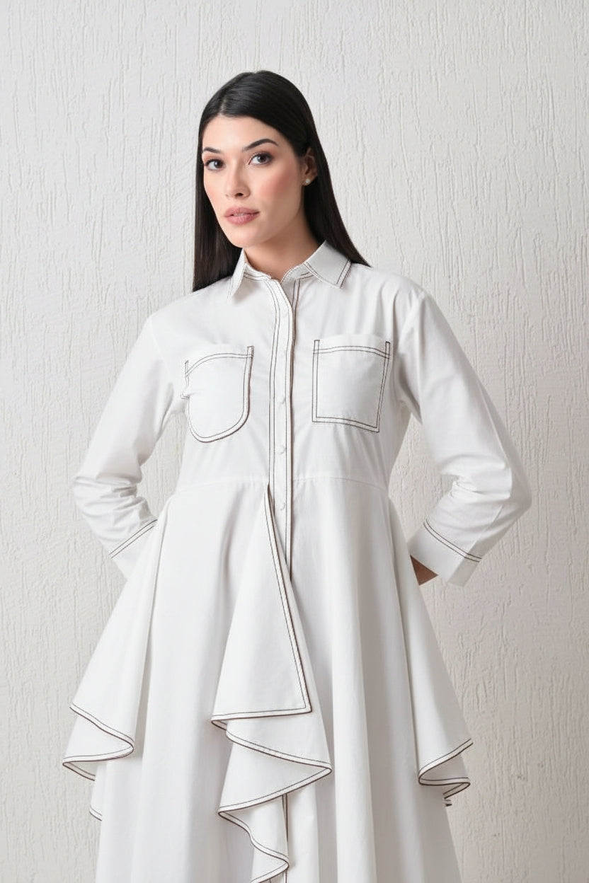 Architectural Piping Trapeze Dress White