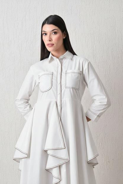 Architectural Piping Trapeze Dress White