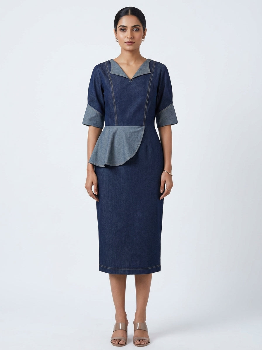 Sophisticated Denim Panel Midi Dress Deep Navy & Slate | Cool Bee