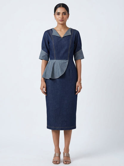 Sophisticated Denim Panel Midi Dress Deep Navy & Slate | Cool Bee