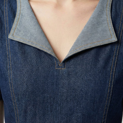 Sophisticated Denim Panel Midi Dress Deep Navy & Slate | Cool Bee
