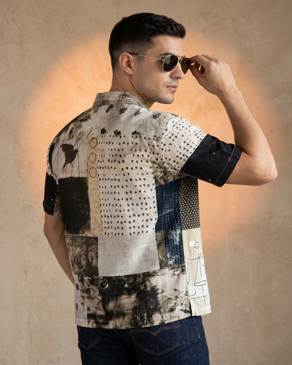 Cool Bee Charcoal Gridlock Camp Shirt for Men - Premium Mercerised Cotton Spread Collar Shirt India - Back View