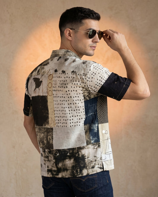 Cool Bee Charcoal Gridlock Camp Shirt for Men - Premium Mercerised Cotton Spread Collar Shirt India - Back View