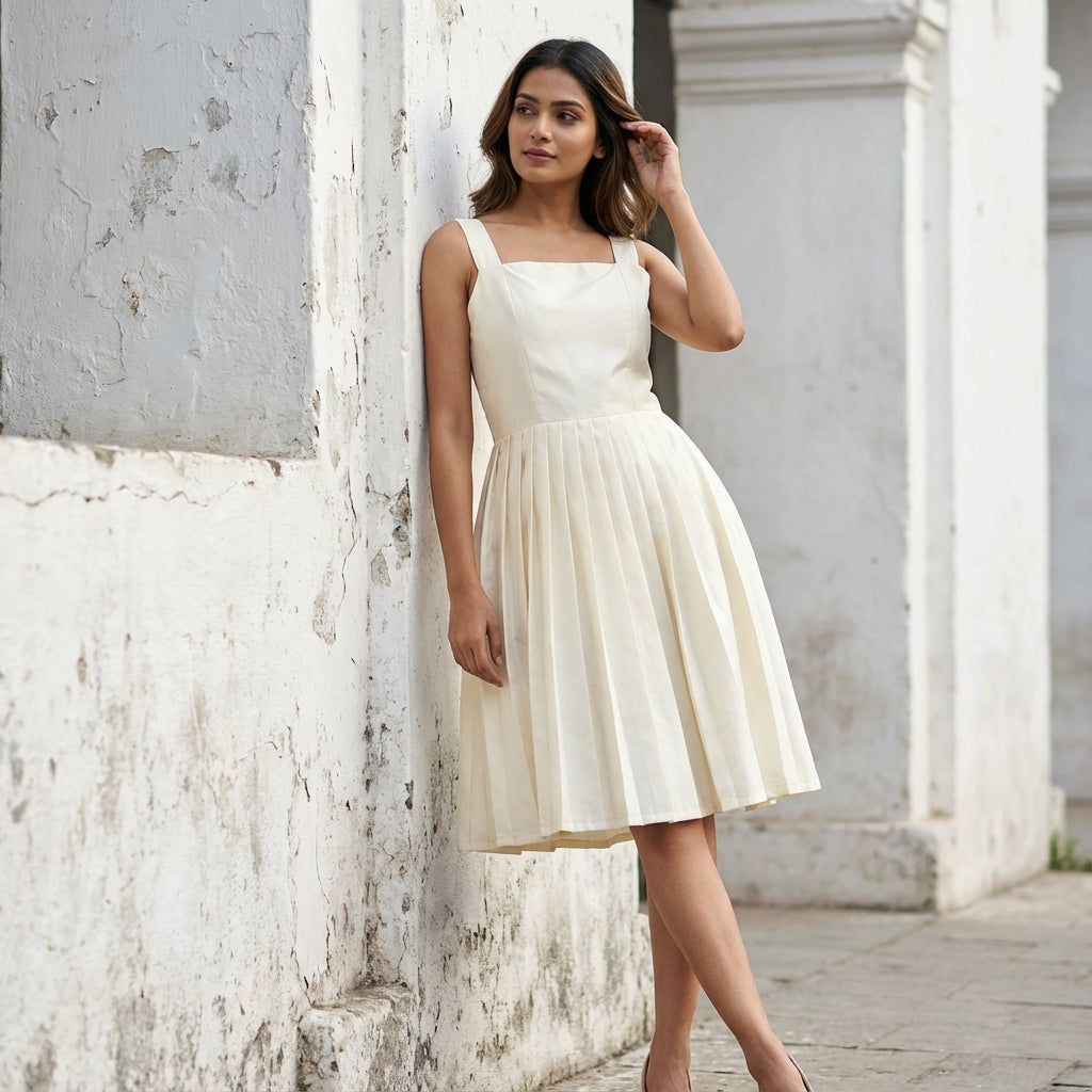 Timeless Elegance Ivory Pleated Midi Short Dress | Cool Bee