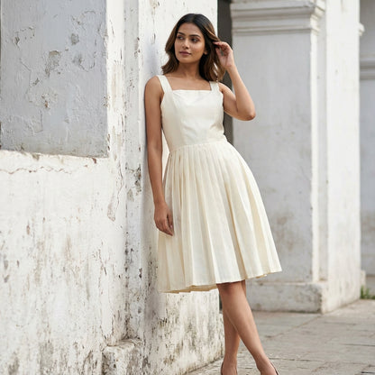 Timeless Elegance Ivory Pleated Midi Short Dress | Cool Bee