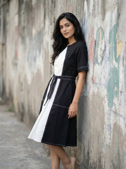 Monochrome Contrast-Panel Midi Dress Light Grey-White | Cool Bee
