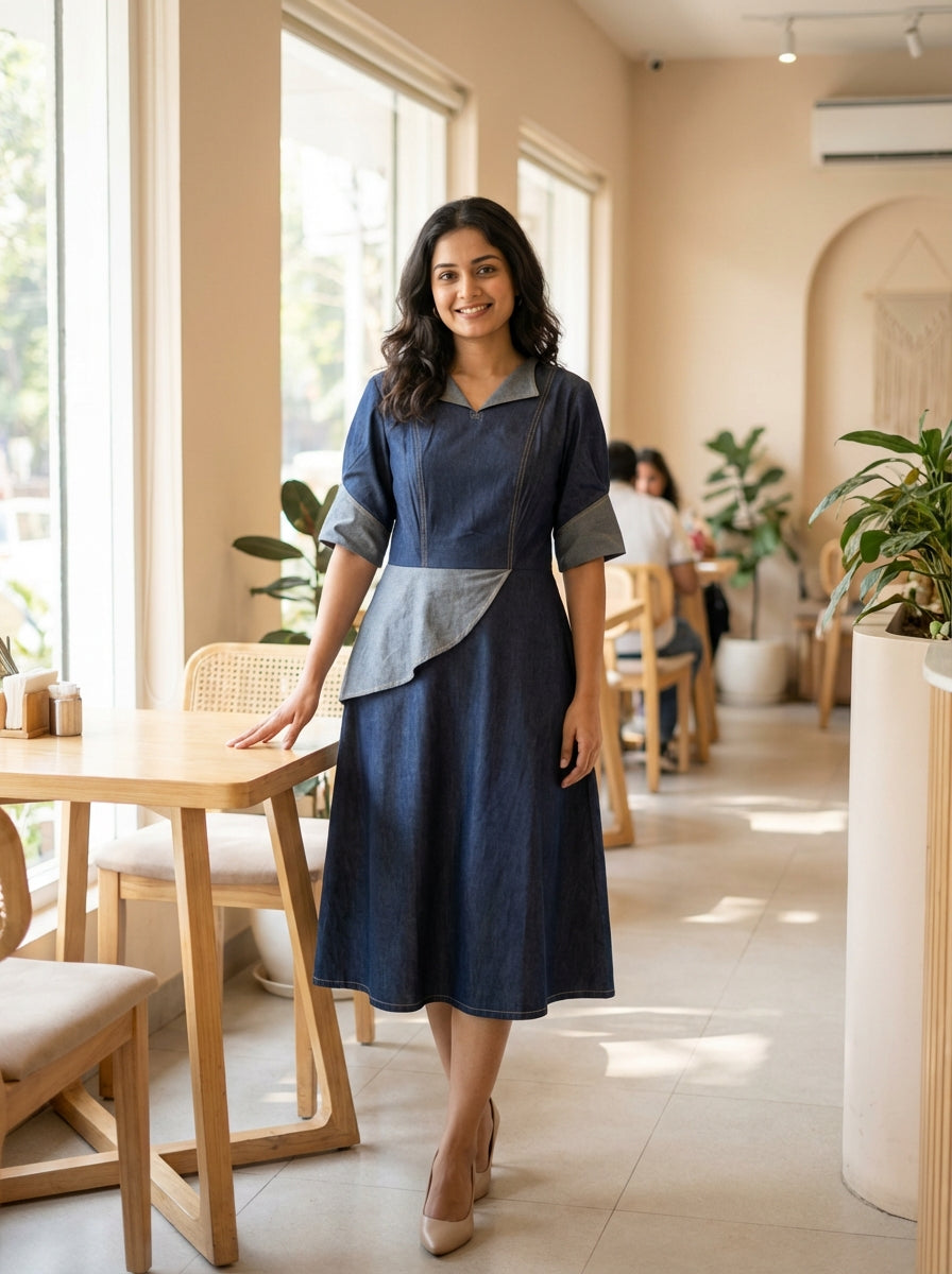 Sophisticated Denim Panel Midi Dress Deep Navy & Slate | Cool Bee