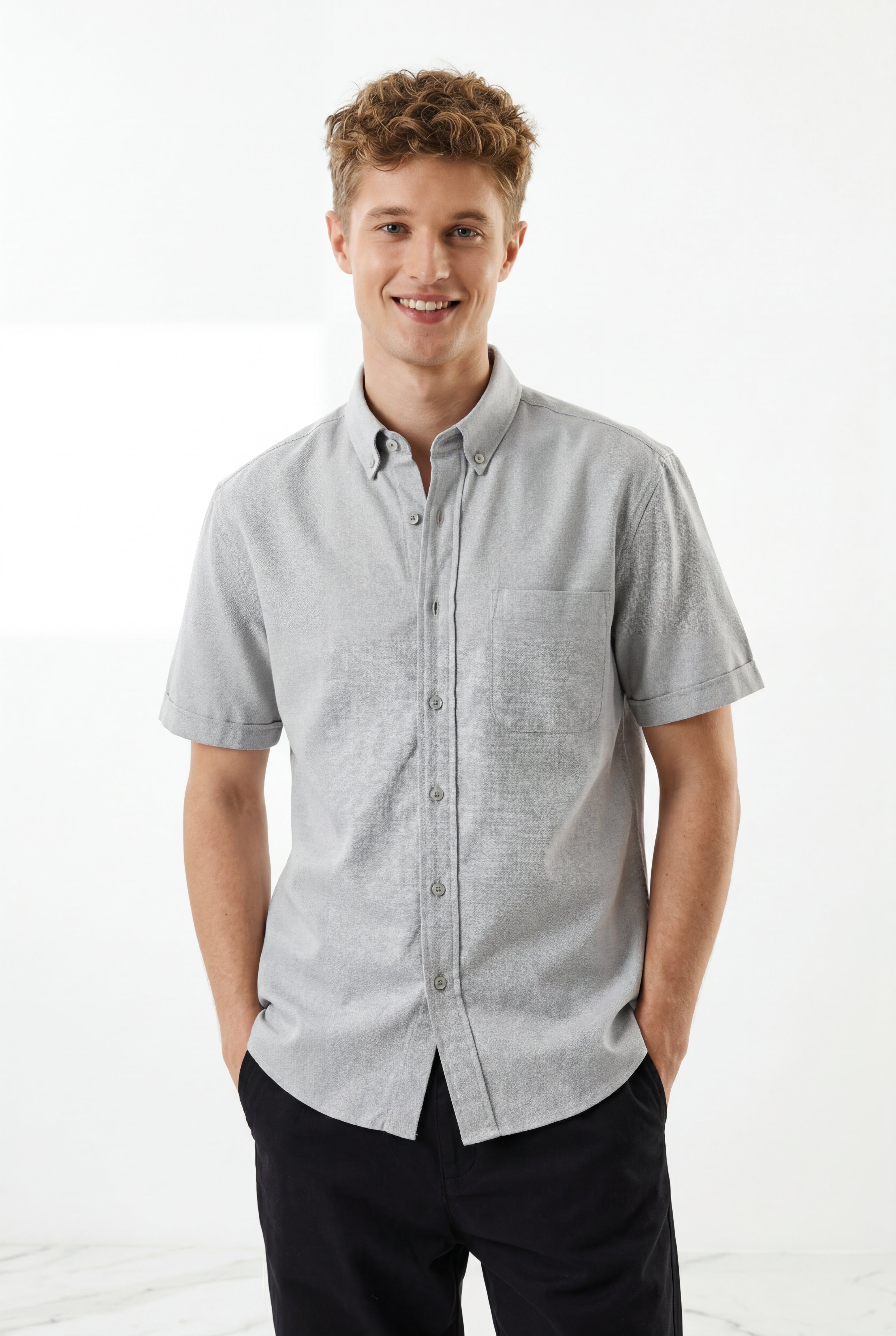Cool Bee Premium Oxford Casual Half Shirt Grey for Men - Grey Premium Half Sleeve Oxford Shirt India - Detail View