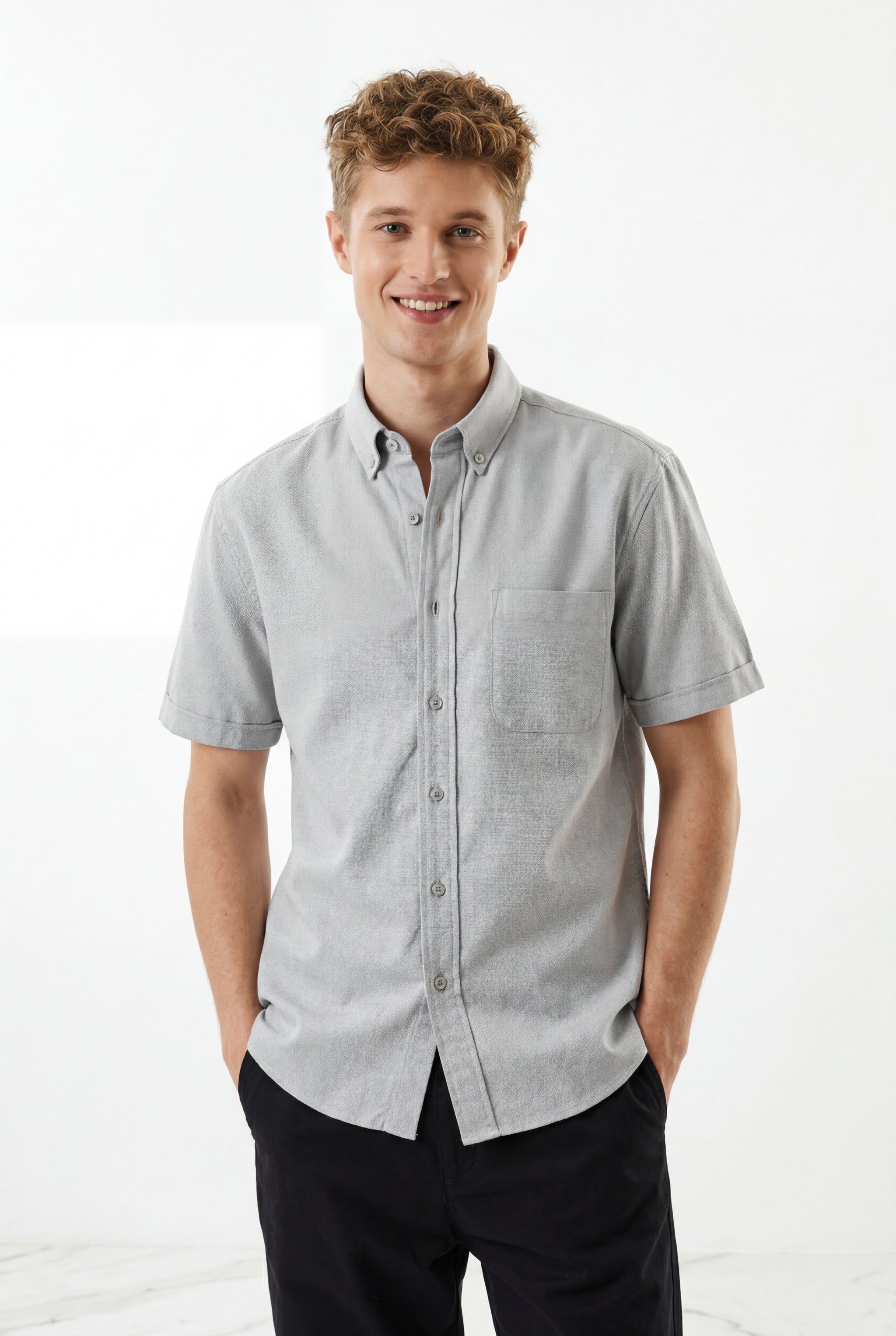 Cool Bee Premium Oxford Casual Half Shirt Grey for Men - Grey Premium Half Sleeve Oxford Shirt India - Detail View