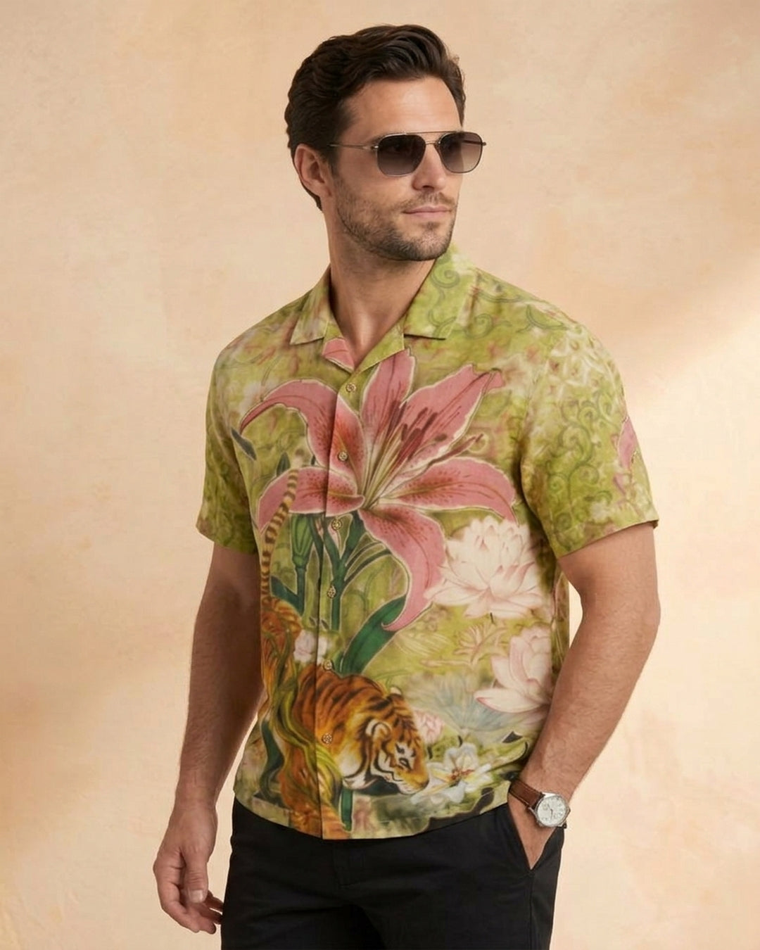 Cool Bee Wild Lotus Camp Shirt for Men - Premium Mercerised Cotton Spread Collar Shirt India - Close-up Detail View