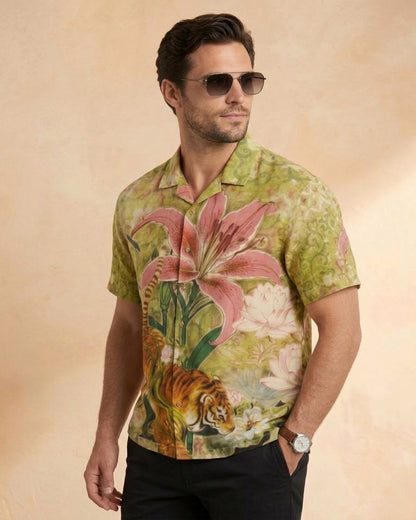 Cool Bee Wild Lotus Camp Shirt for Men - Premium Mercerised Cotton Spread Collar Shirt India - Close-up Detail View