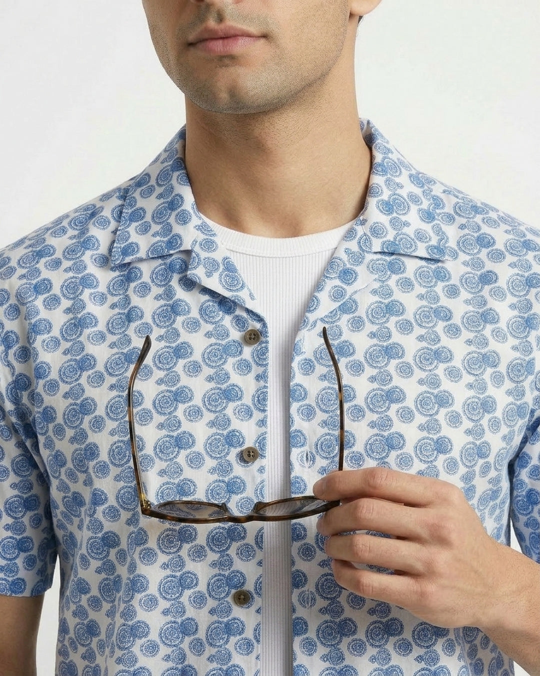 Cool Bee Blue Mosaic Shirt for Men - Premium Mercerised Cotton Spread Collar Shirt India - Side View