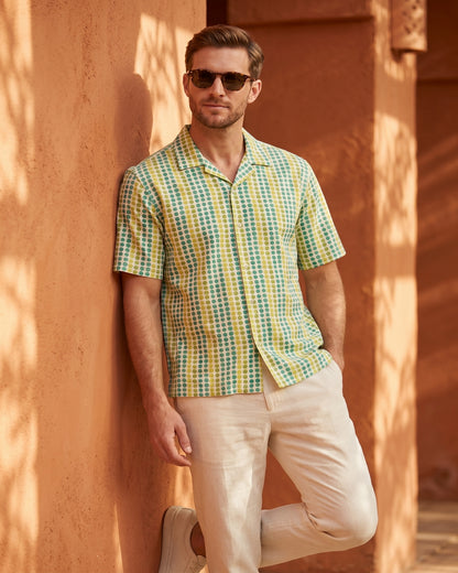 Cool Bee Citrus Breeze Camp Shirt for Men - Premium Mercerised Cotton Spread Collar Shirt India - Close-up Detail View