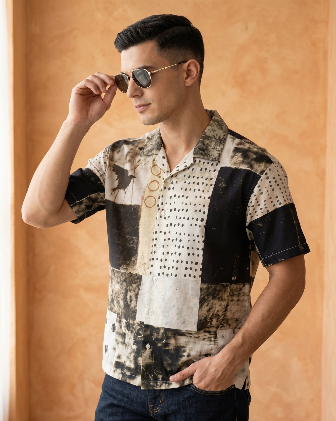 Cool Bee Charcoal Gridlock Camp Shirt for Men - Premium Mercerised Cotton Spread Collar Shirt India - Side View