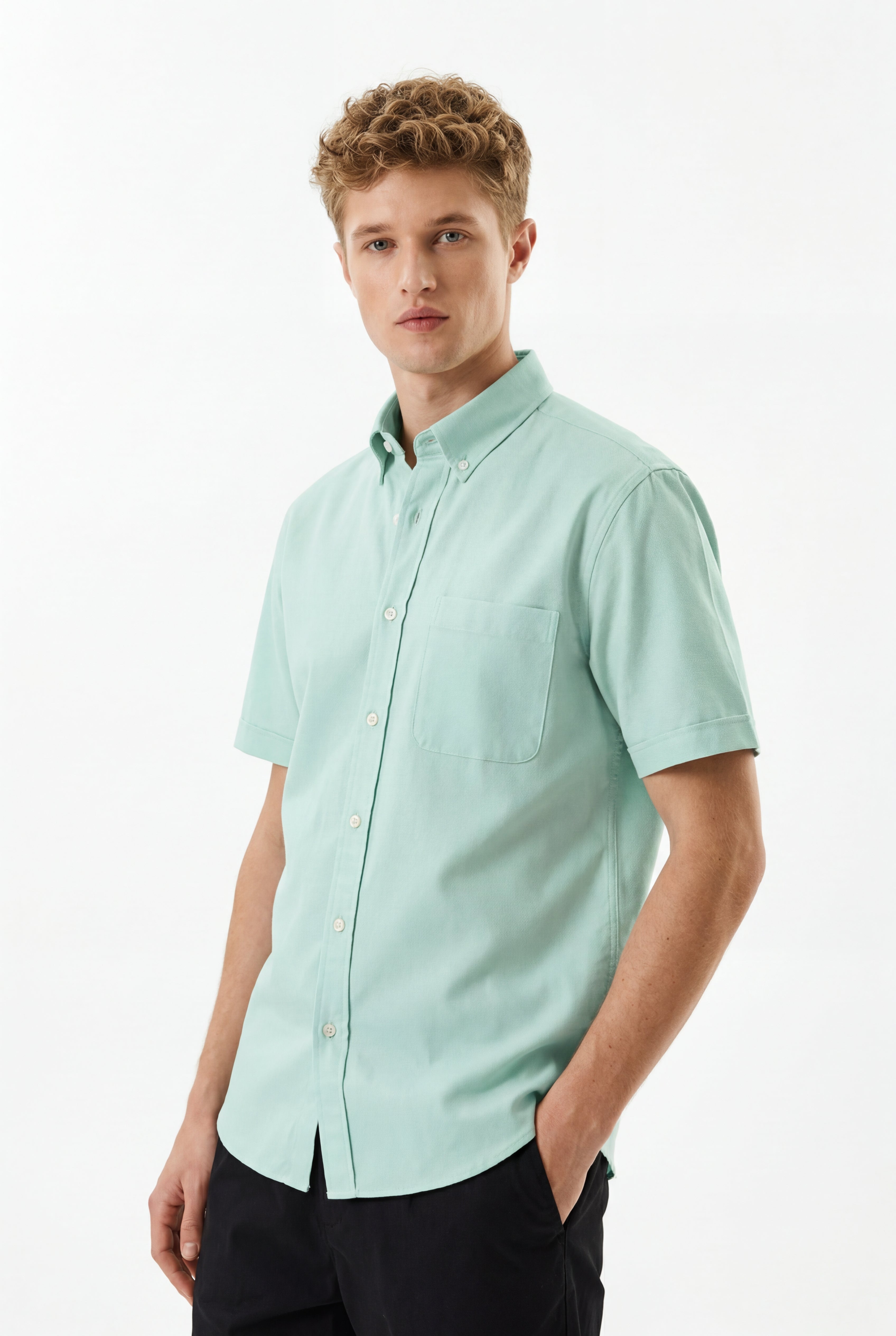 Cool Bee Premium Oxford Casual Half Shirt Sea Green for Men - Sea Green Premium Half Sleeve Oxford Shirt India - Detail View