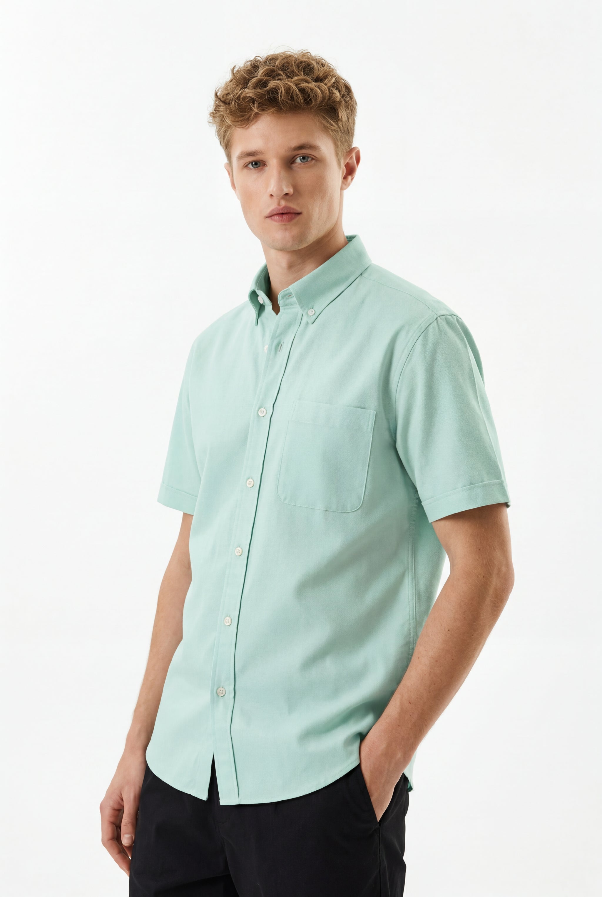 Cool Bee Premium Oxford Casual Half Shirt Sea Green for Men - Sea Green Premium Half Sleeve Oxford Shirt India - Detail View