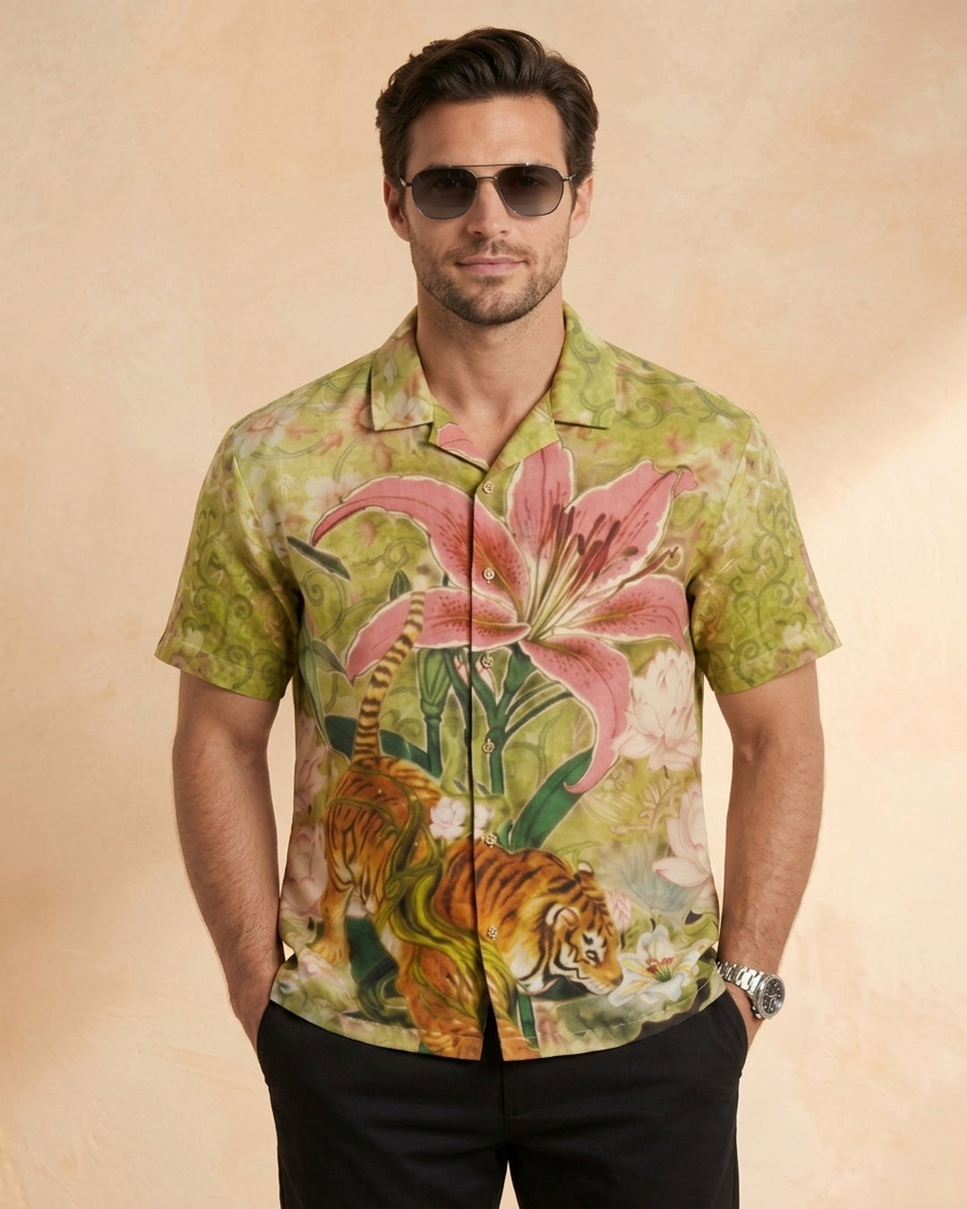 Cool Bee Wild Lotus Camp Shirt for Men - Premium Mercerised Cotton Spread Collar Shirt India - Close-up View