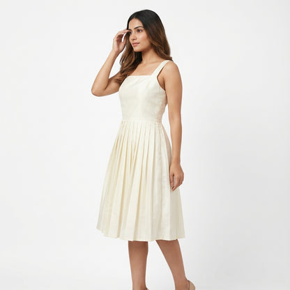 Timeless Elegance Ivory Pleated Midi Short Dress | Cool Bee