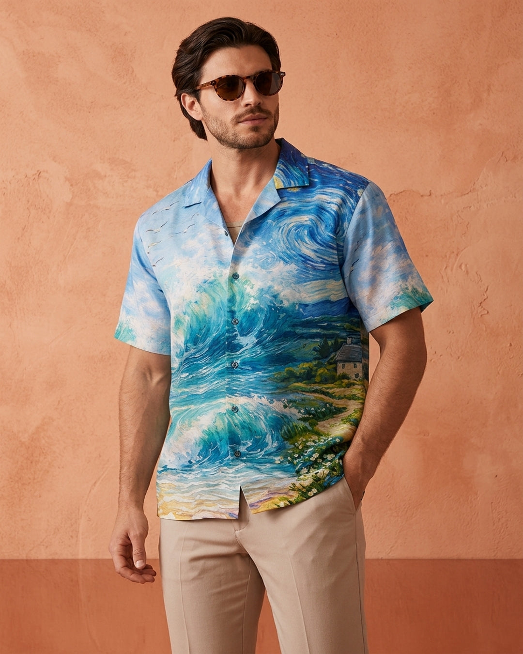 Cool Bee Cosmic Coastline Printed Shirt for Men - Premium Mercerised Cotton Spread Collar Shirt India - Front View