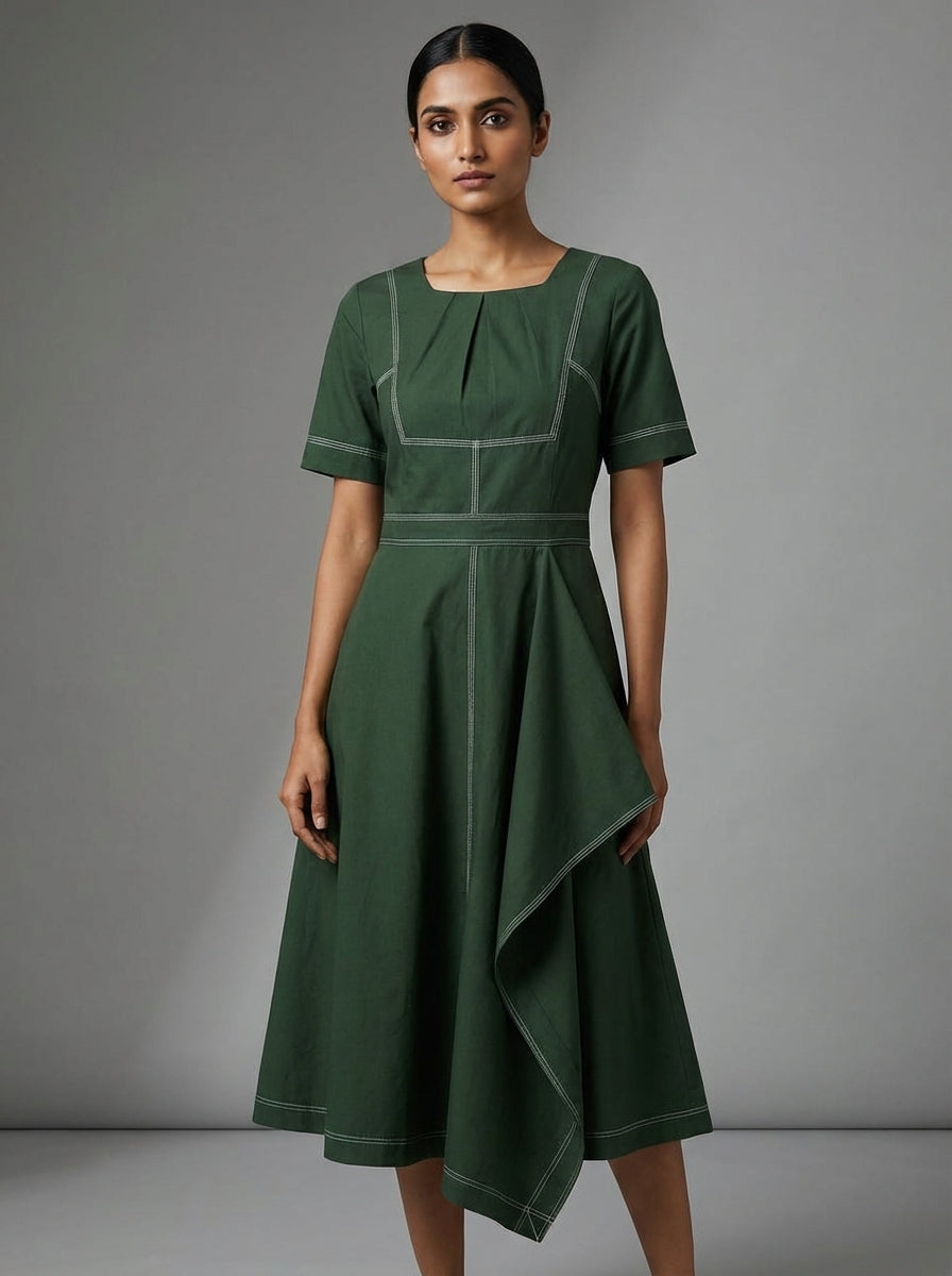 Sculptural Contrast Midi Dress – Olive Green | Cool Bee