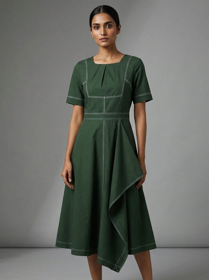 Sculptural Contrast Midi Dress – Olive Green | Cool Bee