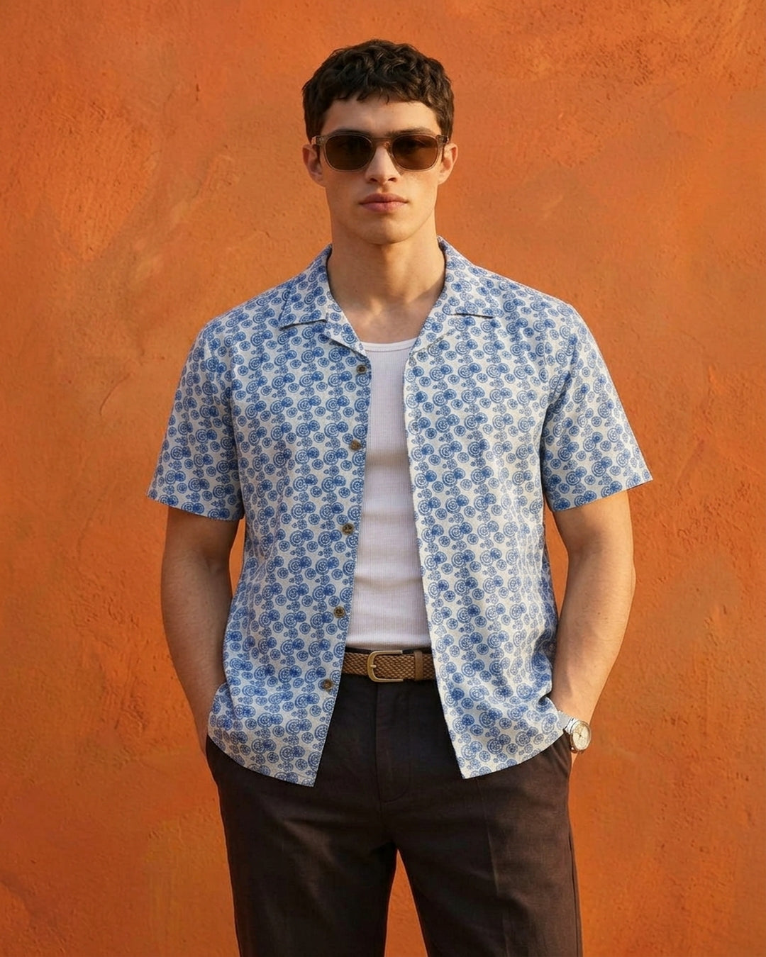 Cool Bee Blue Mosaic Shirt for Men - Premium Mercerised Cotton Spread Collar Shirt India - Close-up Detail View