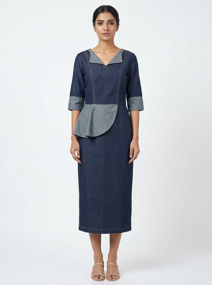 Sophisticated Denim Panel Midi Dress Deep Navy & Slate | Cool Bee