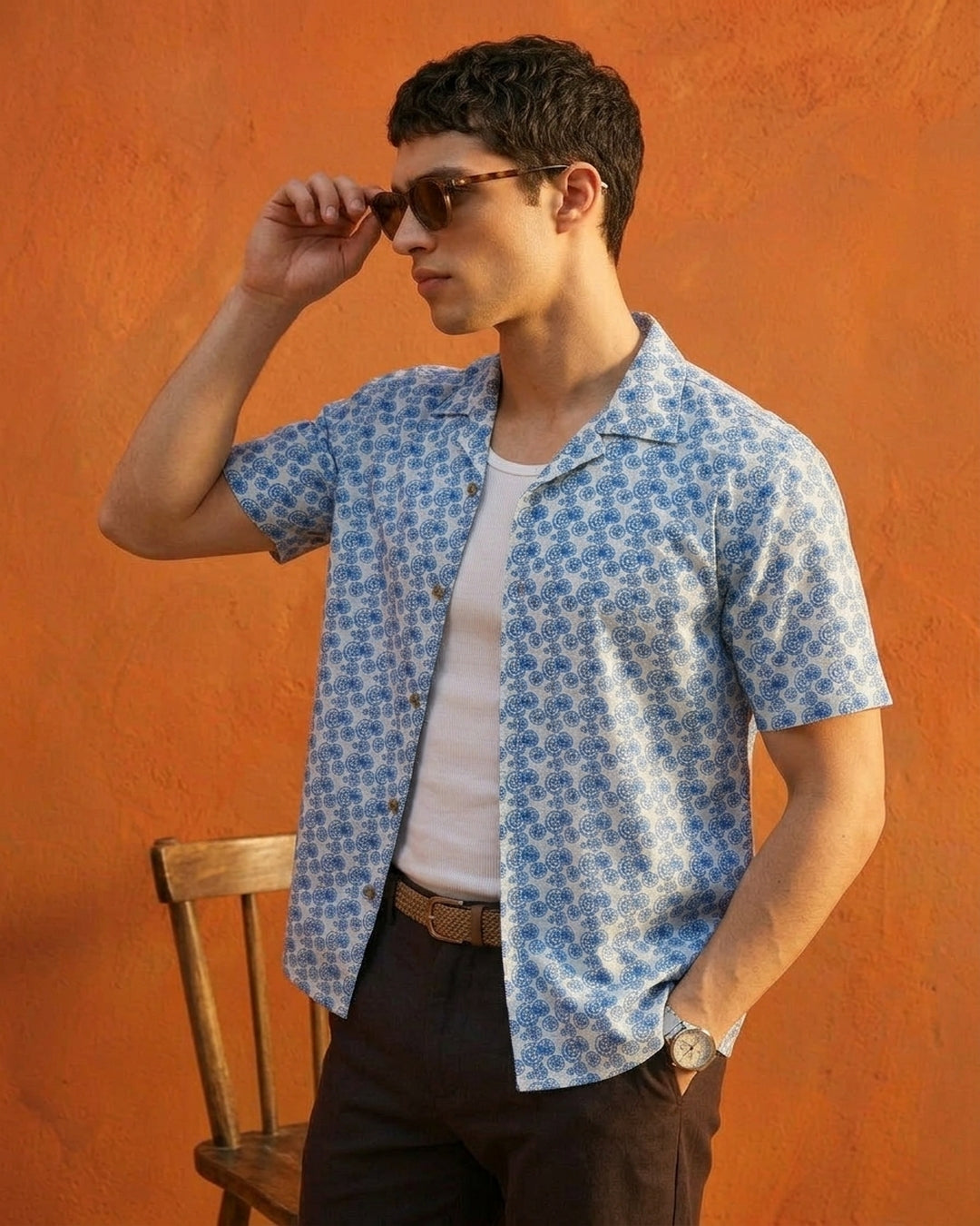 Cool Bee Blue Mosaic Shirt for Men - Premium Mercerised Cotton Spread Collar Shirt India - Lifestyle View