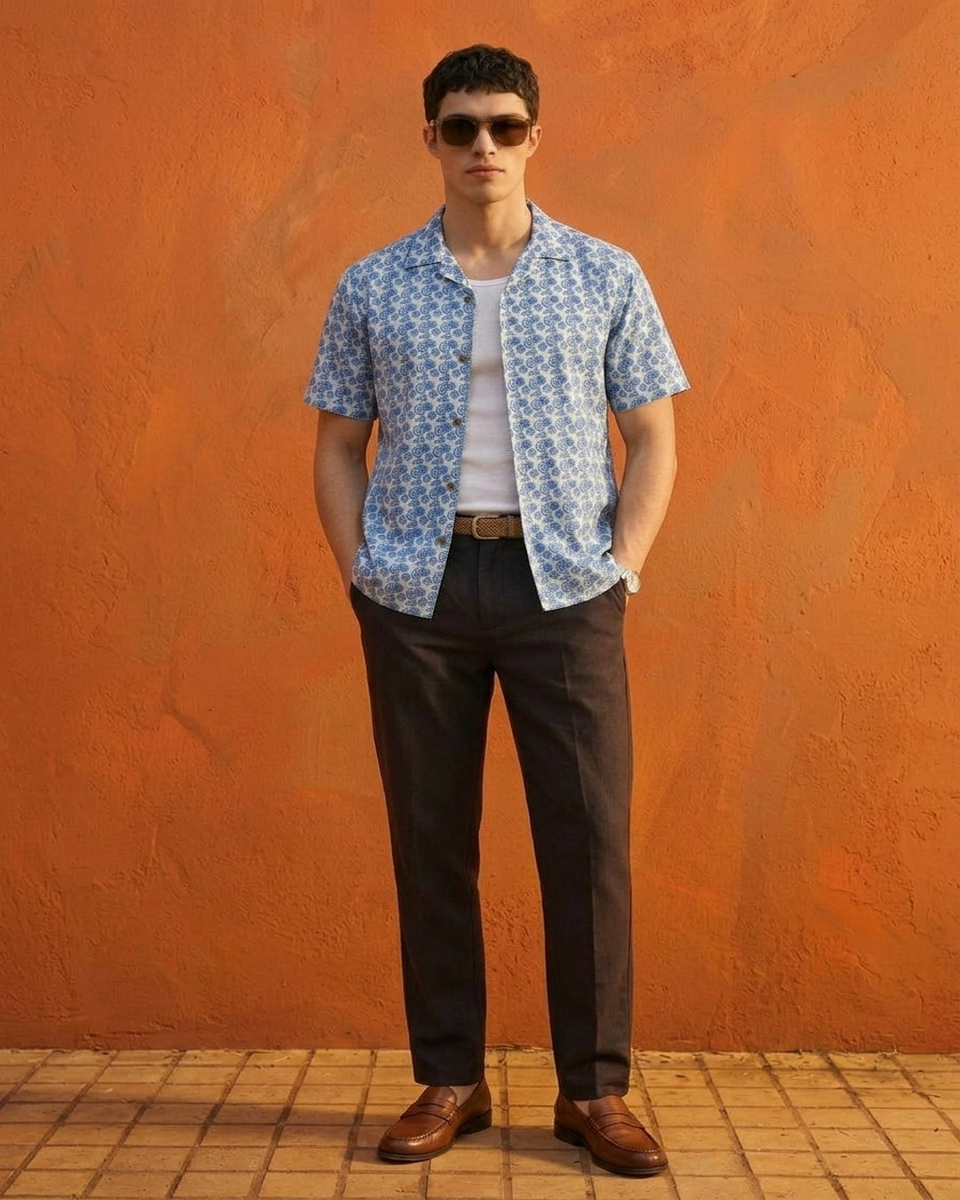 Cool Bee Blue Mosaic Shirt for Men - Premium Mercerised Cotton Spread Collar Shirt India - Styled View