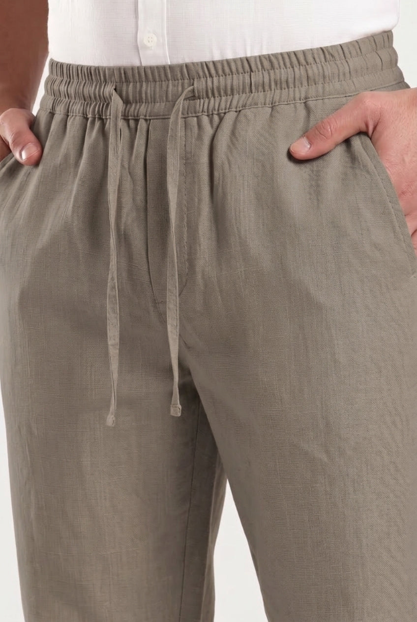 Cool Bee Linen Travel Pants Dark Beige for Men - Dark Beige Linen Travel Pants Lightweight India - Detail View