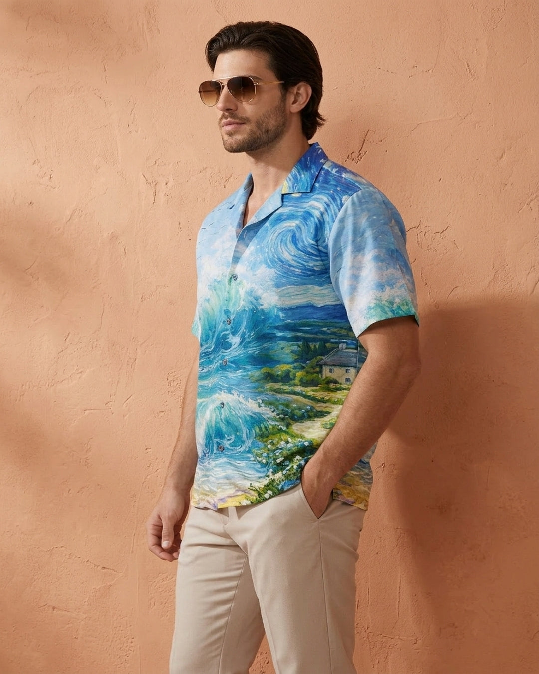 Cool Bee Cosmic Coastline Printed Shirt for Men - Premium Mercerised Cotton Spread Collar Shirt India - Lifestyle View