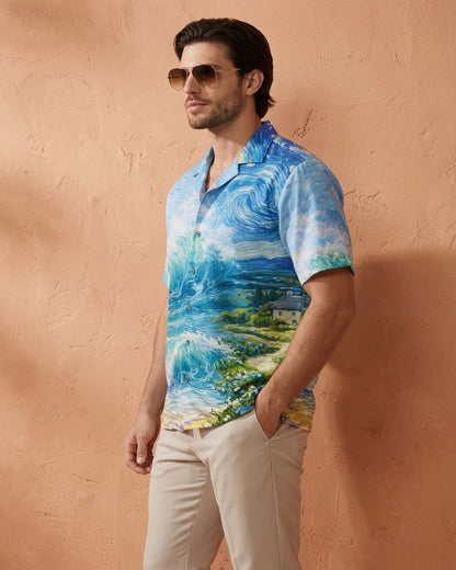 Cool Bee Cosmic Coastline Printed Shirt for Men - Premium Mercerised Cotton Spread Collar Shirt India - Lifestyle View