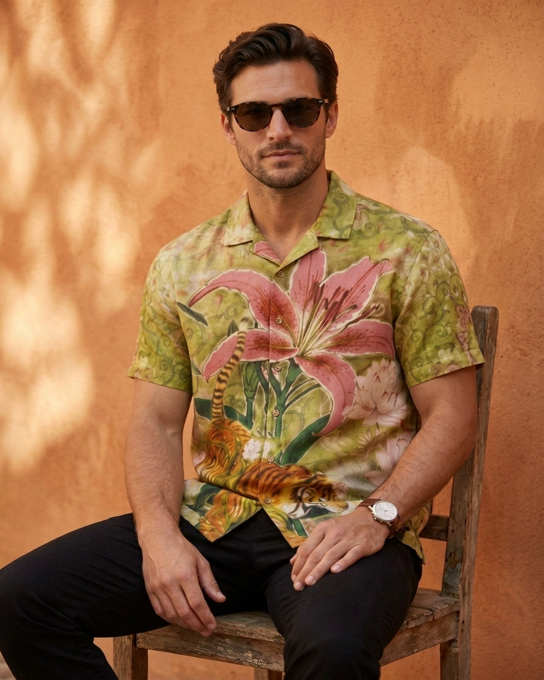Cool Bee Wild Lotus Camp Shirt for Men - Premium Mercerised Cotton Spread Collar Shirt India - Full Look View