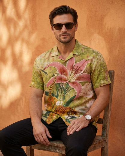 Cool Bee Wild Lotus Camp Shirt for Men - Premium Mercerised Cotton Spread Collar Shirt India - Full Look View