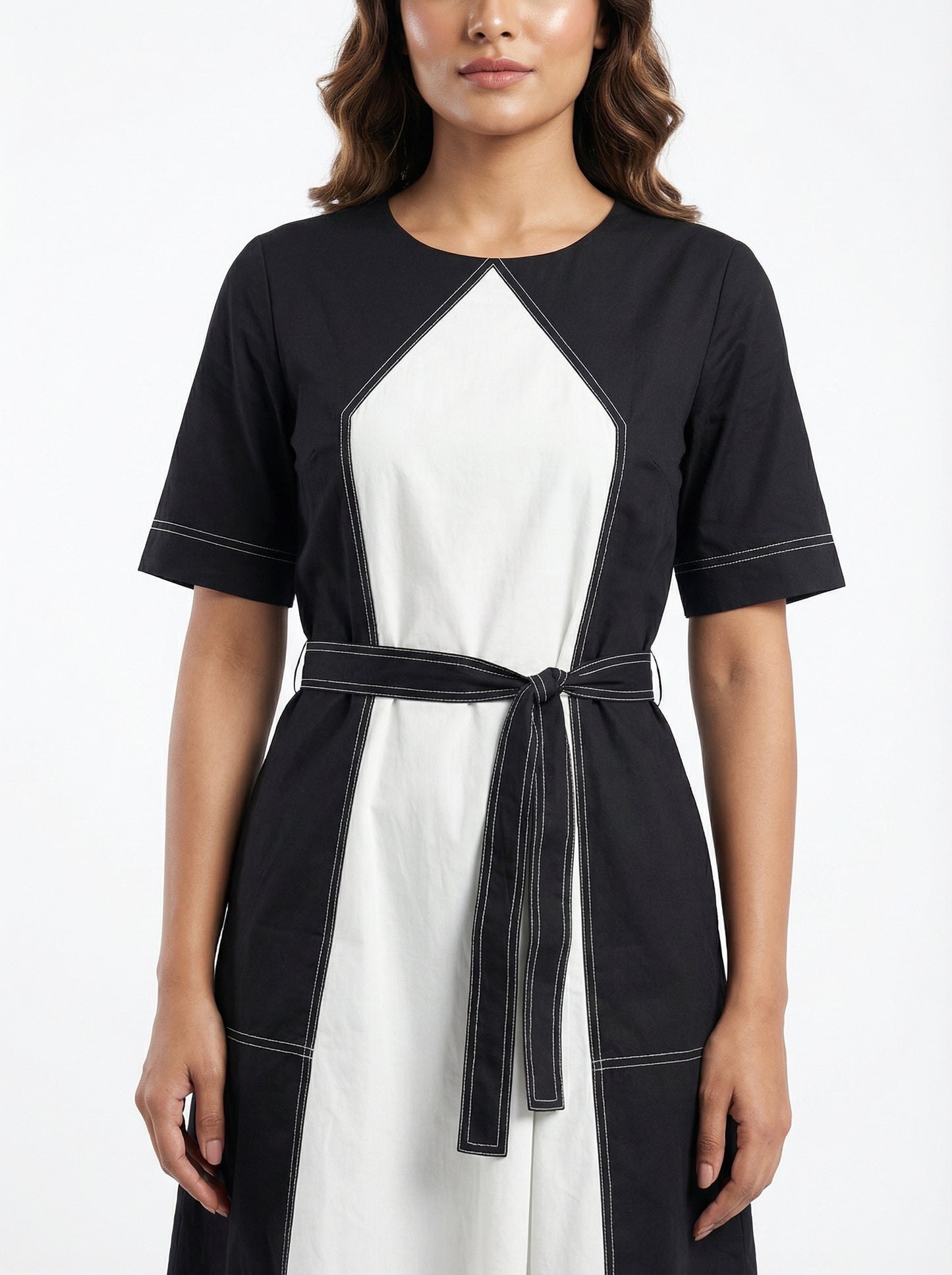 Monochrome Contrast-Panel Midi Dress Light Grey-White | Cool Bee