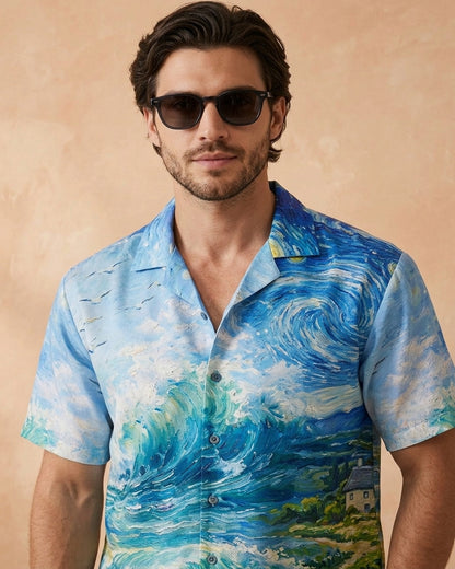 Cool Bee Cosmic Coastline Printed Shirt for Men - Premium Mercerised Cotton Spread Collar Shirt India - Styled View