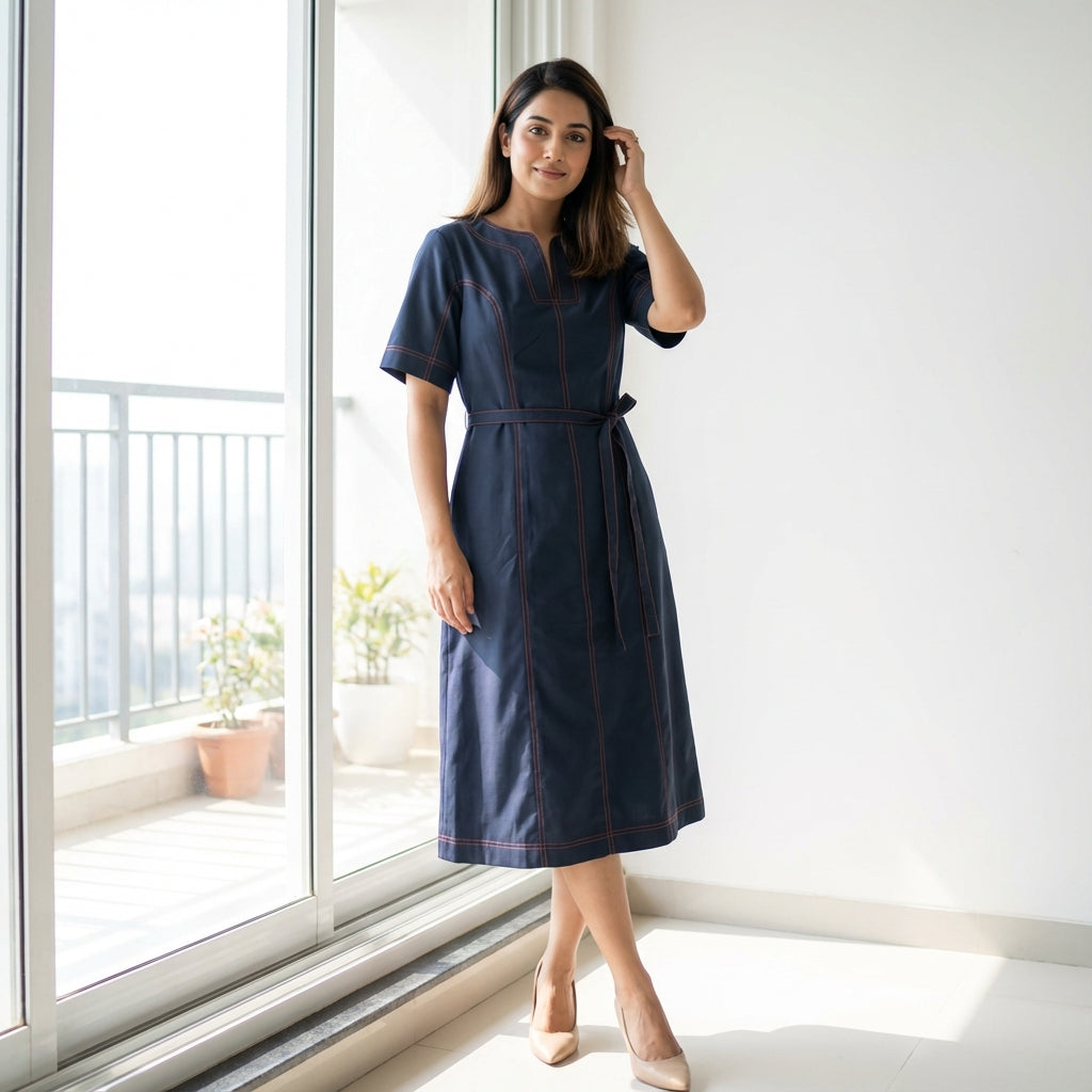Crimson-Stitch Utility Midi Dress Navy Blue | Cool Bee