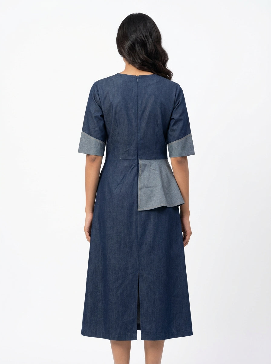 Sophisticated Denim Panel Midi Dress Deep Navy & Slate | Cool Bee
