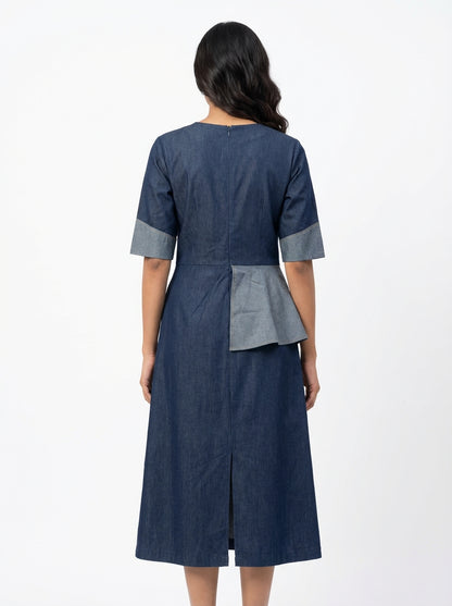 Sophisticated Denim Panel Midi Dress Deep Navy & Slate | Cool Bee