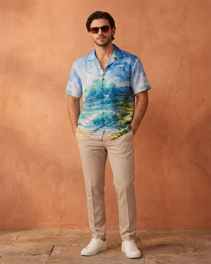 Cool Bee Cosmic Coastline Printed Shirt for Men - Premium Mercerised Cotton Spread Collar Shirt India - Side View