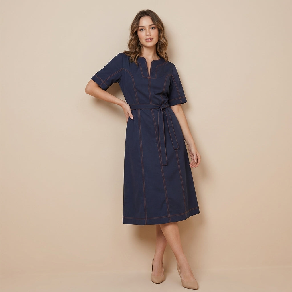 Crimson-Stitch Utility Midi Dress Navy Blue | Cool Bee