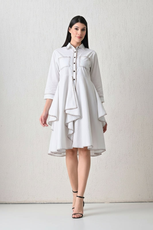 Cool Bee Architectural Piping Trapeze Dress White for Women - White Western Dress Casual Chic India