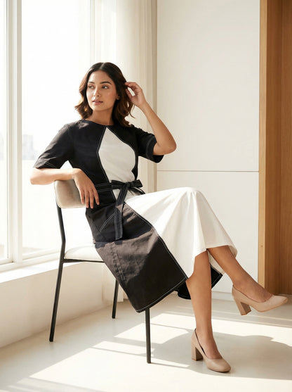 Monochrome Contrast-Panel Midi Dress Light Grey-White | Cool Bee