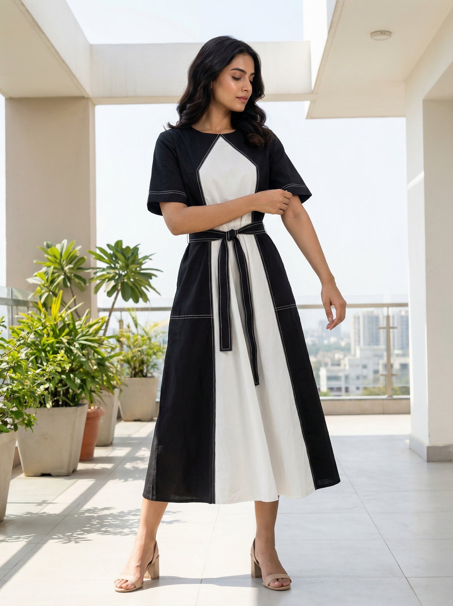 Monochrome Contrast-Panel Midi Dress Light Grey-White | Cool Bee