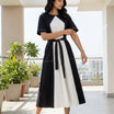 Monochrome Contrast-Panel Midi Dress Light Grey-White | Cool Bee