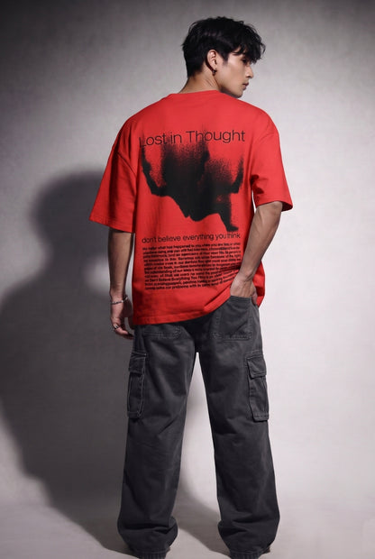 Cool Bee Lost in Thought Tee Red for Men - Red Oversized Graphic Tee Streetwear India - Detail View